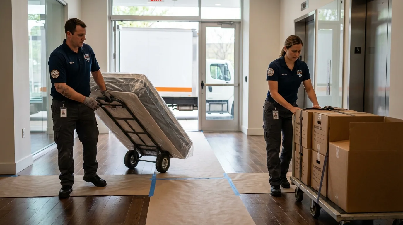 Professional apartment movers loading elevator in Byrdstown, TN